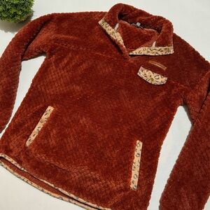 Simply Southern Burnt Orange Leopard Print Plush Snap Button Pullover Size Small